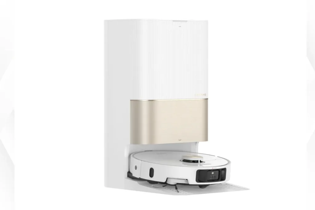 Dreame X40 Ultra robotstøvsuger i hvidt design med beige dockingstation og stor base set fra siden på hvid baggrund