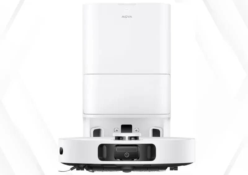 MOVA E30 Ultra robotstøvsuger med stor hvid dockingstation i minimalistisk design på hvid baggrund