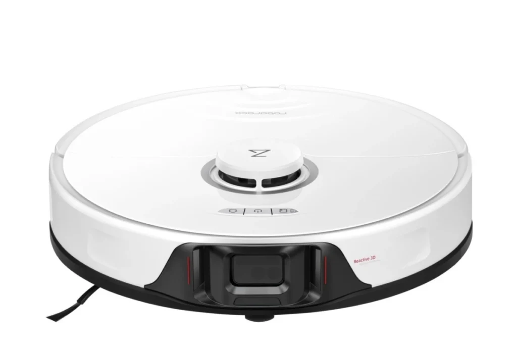 Roborock S8 robotstøvsuger med hvidt design og lidar tårn på toppen samt frontkamera på hvid baggrund