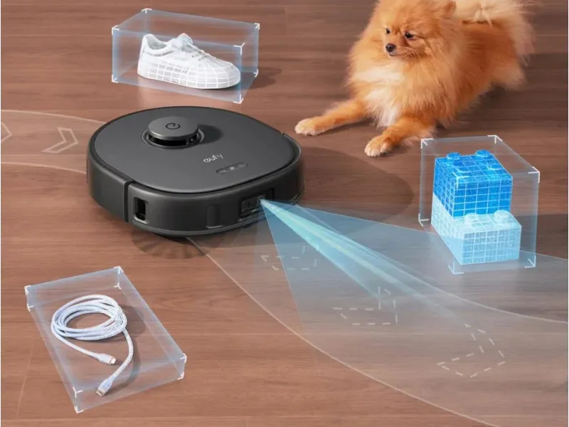 Roomba Combo j7+ robotstøvsuger med app styring planlægger rute på trægulv med en hund sko og ledninger markeret i gennemsigtige bokse