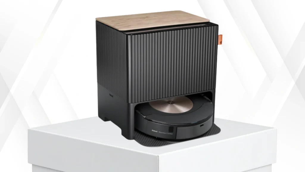 iRobot Roomba Combo j9 dockingstation med robotstøvsuger og moppe i sort design med trætop på hvid platform
