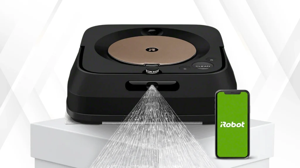 iRobot Braava M6 robotgulvvasker sprøjter vand på gulv med smartphone app på en hvid platform